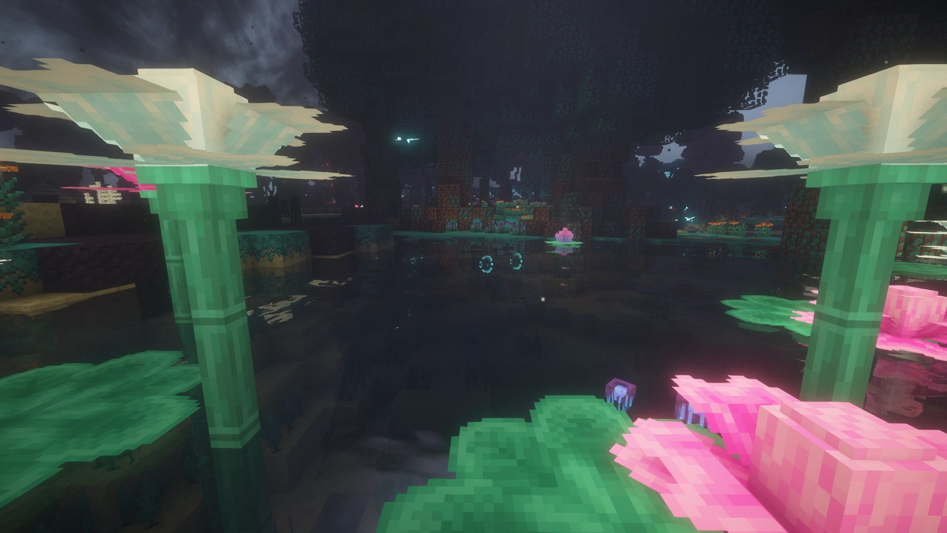A vibrant mystical swamp containing glowing flowers, and lily pads. 
                    A dark, enchanted forest resides just beyond the swamp.