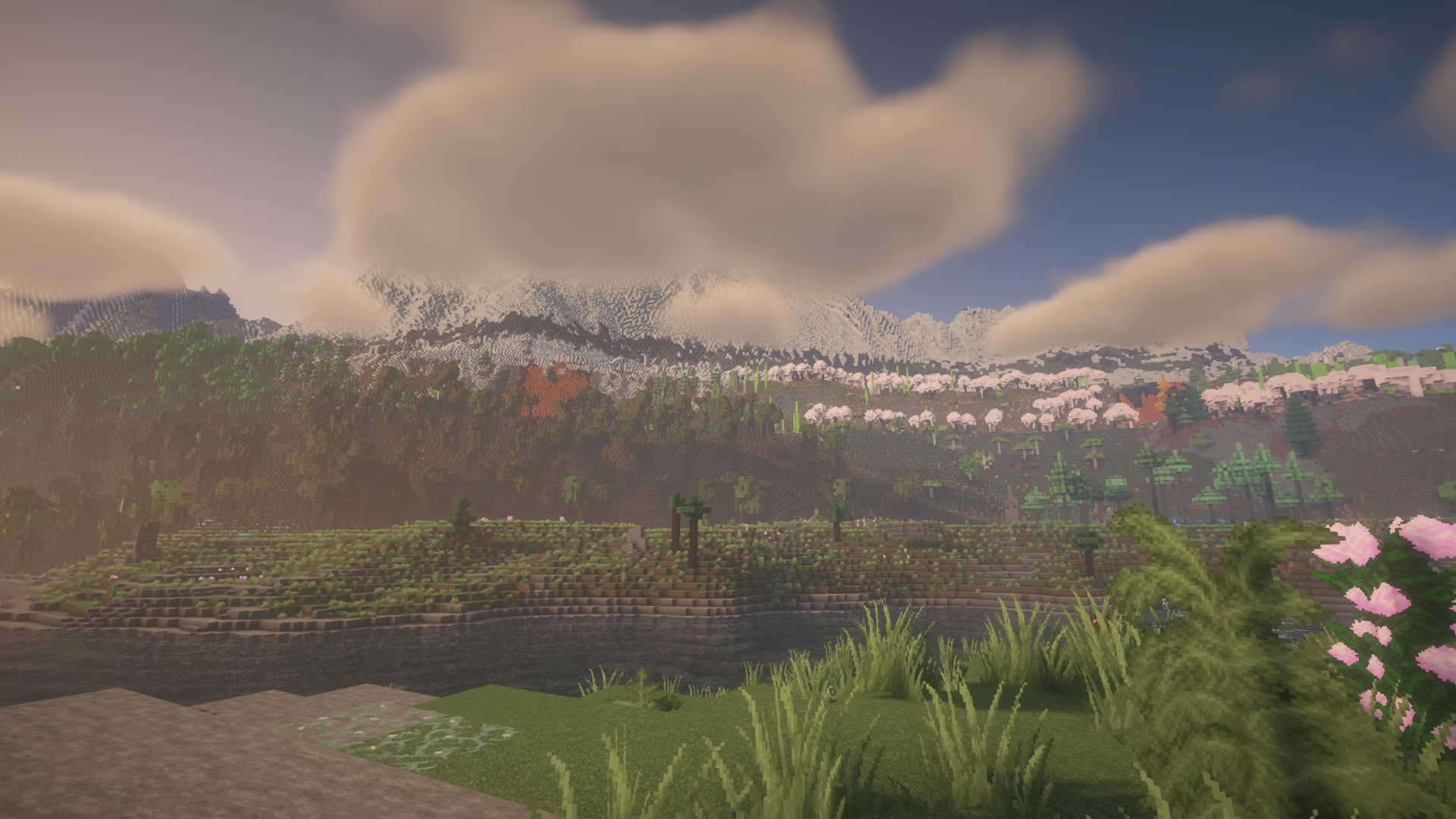 A mountain lumes over you as you gaze from the valley.