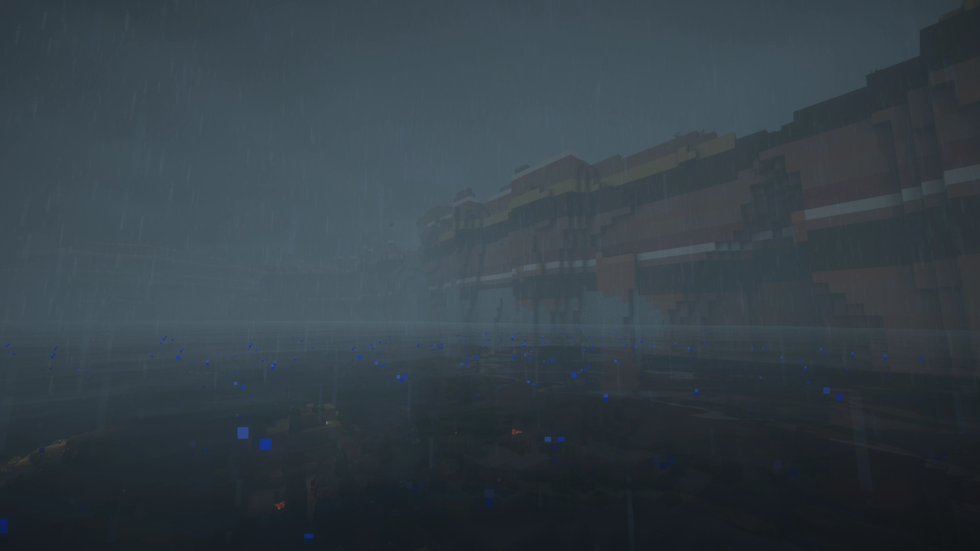 Hovering just above the water you see a massive caynon cliff,
                     partially obscured by fog and rain.