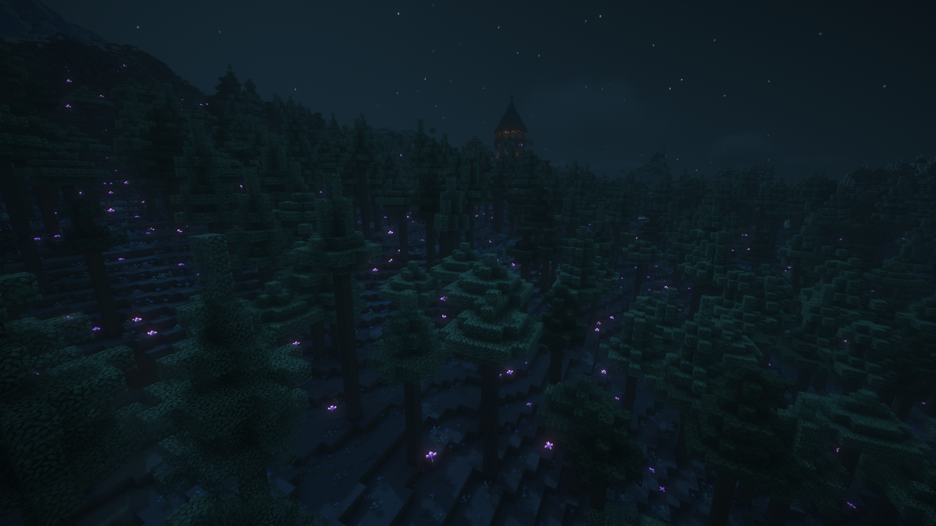 A mystical forest at night, iluminated by purple crystals.